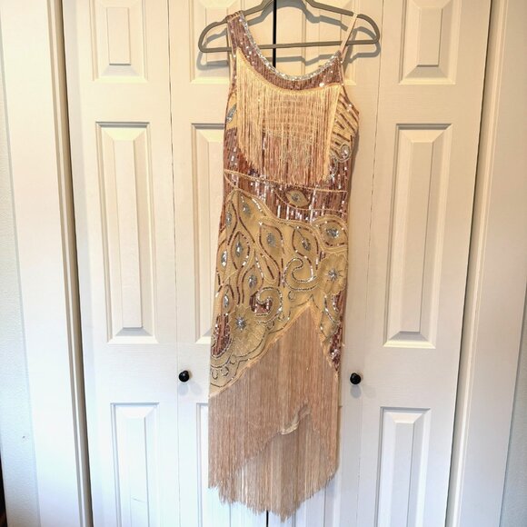 Sequin Tassel Flapper Dress Women's S Sleeveless Cream Peacock Pattern W/Accs - Picture 1 of 16
